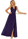 numoco Dlouhé tmavě modré dámské šaty bez rukávů s vyšívaným výstřihem model 6369438