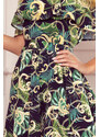 numoco Dlouhé dámské šaty se španělským výstřihem a vzorem zelených listů a zlatých řetízků 194-4