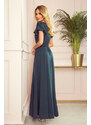 numoco LIDIA - Dlouhé dámské šaty v lahvově zelené barvě s výstřihem a volánky 310-1