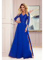 numoco AMBER - Elegantní dlouhé krajkové dámské šaty v chrpové barvě s dekoltem 309-2