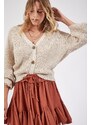 Happiness İstanbul Women's Cream V-Neck Buttons Knitwear Cardigan