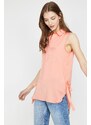 Koton Women's Salmon Colored Classic Collar Sleeveless Tunic with Tie Details.