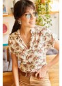 Olalook Women's Ecru Small Pastel Floral Bat Viscose Shirt
