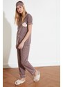 Trendyol Mink Printed Shirt-Pants and Knitted Pajamas Set