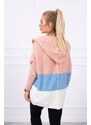 Kesi Tříbarevný svetr s kapucí pudrově růžová+azurová+ecru