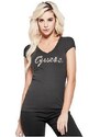 GUESS tričko Ceelie Sequin Logo V-Neck Tee černé XS Černá