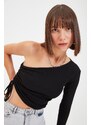 Trendyol Black Knitted One-Shoulder Fitted Blouse with Pleats