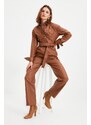 Trendyol Brown Petite Belted Leather Look Jumpsuit