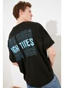 Trendyol Black Oversize/Wide Cut Text Printed Short Sleeve 100% Cotton T-Shirt