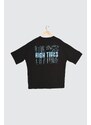 Trendyol Black Oversize/Wide Cut Text Printed Short Sleeve 100% Cotton T-Shirt