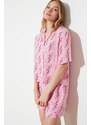 Trendyol Pink Patterned Viscose Shirt-Shorts Woven Pajamas Set