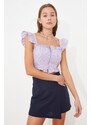 Trendyol Lilac Fitted Zipper Detailed Gingham Crop Woven Blouse