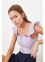 Trendyol Lilac Fitted Zipper Detailed Gingham Crop Woven Blouse