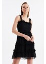 Trendyol černé nabírané puntíkované tylové šaty
