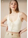 Happiness İstanbul Women's Cream Zigzag String Knitwear Crop Blouse