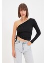 Trendyol Black Knitted One-Shoulder Fitted Blouse with Pleats