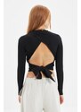Trendyol Black Decollete Decollete Tie Detailed Fitted Crew Neck Crop Ribbed Elastic Knitted Blouse