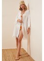 Happiness İstanbul Women's White Fringed Viscose Kimono