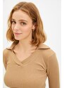 Trendyol Camel Polo Neck Crop Knitted Blouse