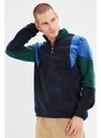 Trendyol Navy Blue Men's Regular/Normal Cut Zippered Stand Collar Color Block Fleece Sweatshirt