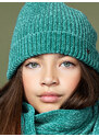 NONO Dívčí pletená šala a čepice s otvorem zelená žinilka