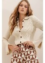 Trend Alaçatı Stili Women's Ecru Polo Neck Buttoned Down Rivet Knitwear Blouse with Underwired Sleeves