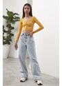 Trendyol Mustard Long Sleeve Crew Neck Buttoned Crop Knitted Blouse