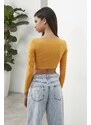 Trendyol Mustard Long Sleeve Crew Neck Buttoned Crop Knitted Blouse