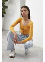Trendyol Mustard Long Sleeve Crew Neck Buttoned Crop Knitted Blouse