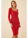 Happiness İstanbul Women's Red Square Neck Corduroy Knitted Dress