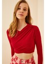 Happiness İstanbul Women's Vivid Red Pleated Crop Knitted Blouse