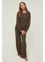 Trendyol Brown Corded Cotton Tshirt-Pants Knitted Pajama Set