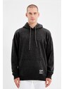 Trendyol Men's Basic Smoky Oversize/Wide-Fit Hooded Labeled Fleece Inner Cotton Sweatshirt