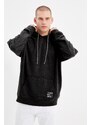 Trendyol Men's Basic Smoky Oversize/Wide-Fit Hooded Labeled Fleece Inner Cotton Sweatshirt