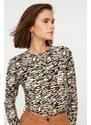 Trendyol Brown Patterned Fitted Crew Neck Crop Stretch Knitted Blouse