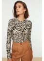 Trendyol Brown Patterned Fitted Crew Neck Crop Stretch Knitted Blouse