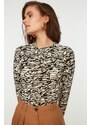 Trendyol Brown Patterned Fitted Crew Neck Crop Stretch Knitted Blouse