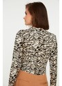 Trendyol Brown Patterned Fitted Crew Neck Crop Stretch Knitted Blouse