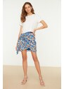 Trendyol Blue Mini Weave Tie Detailed Double Breasted Floral Print Skirt