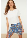 Trendyol Blue Mini Weave Tie Detailed Double Breasted Floral Print Skirt