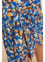 Trendyol Blue Mini Weave Tie Detailed Double Breasted Floral Print Skirt