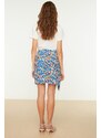 Trendyol Blue Mini Weave Tie Detailed Double Breasted Floral Print Skirt