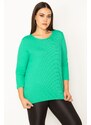 Şans Women's Plus Size Green Elastic Pinstripe Blouse