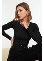 Trendyol Black-Grey 2-Pack Fitted Wide Collar Corduroy Stretchy Crop Knitted Blouse