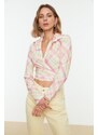 Trendyol Multi-colored Plaid/Check Crepe Knitted Blouse with Double Breasted Collar