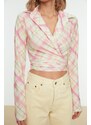 Trendyol Multi-colored Plaid/Check Crepe Knitted Blouse with Double Breasted Collar