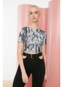 Trendyol Anthracite Tie-Dye Printed Fitted/Skinned Crop Crewneck Flexible Knitted Blouse