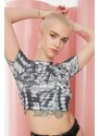 Trendyol Anthracite Tie-Dye Printed Fitted/Skinned Crop Crewneck Flexible Knitted Blouse