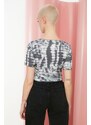 Trendyol Anthracite Tie-Dye Printed Fitted/Skinned Crop Crewneck Flexible Knitted Blouse