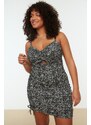 Trendyol Curve Black Fitted Gathered Detailed Floral Pattern Knitted Dress